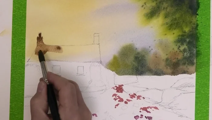 Painting Cottage (watery wash of Pains Gray and Burnt Sienna)