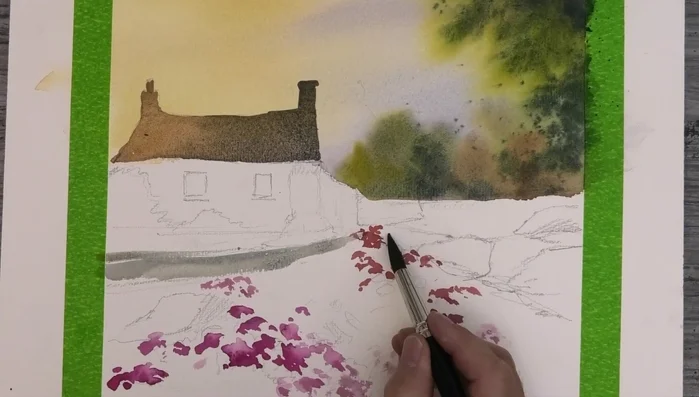 Painting Flower Beds (wet-on-wet with yellowy green and darker blue-green mixes)