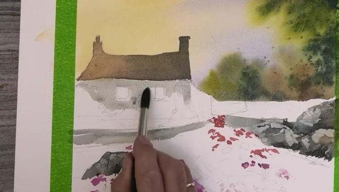 Painting Cottage (watery wash of Pains Gray and Burnt Sienna)