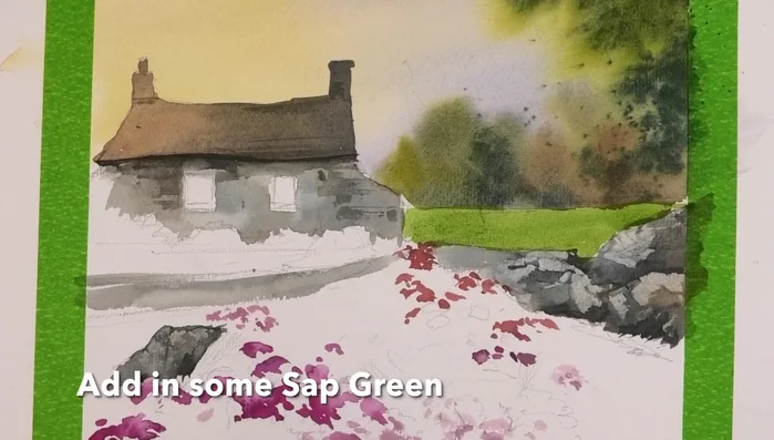 Painting Flower Beds (wet-on-wet with yellowy green and darker blue-green mixes)