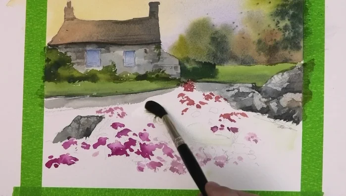 Painting Flower Beds (wet-on-wet with yellowy green and darker blue-green mixes)