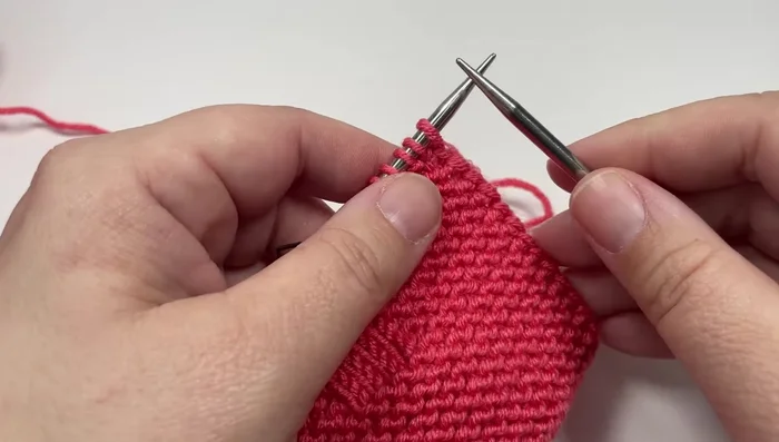 Knit the top garter stitch border (16 rows, all knit stitches except the last stitch of each row, which is slipped purlwise with yarn in front). Remove stitch markers.