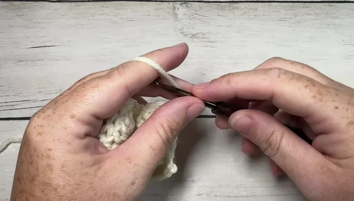 Row 5: Single crochet into the top of the first stitch, chain 3, skip next 3 stitches, puff stitch, chain 2, puff stitch back into the same single crochet. Repeat chain 3, skip 3 stitches, single crochet, puff stitch, chain 2, puff stitch across. Chain 3 and turn.