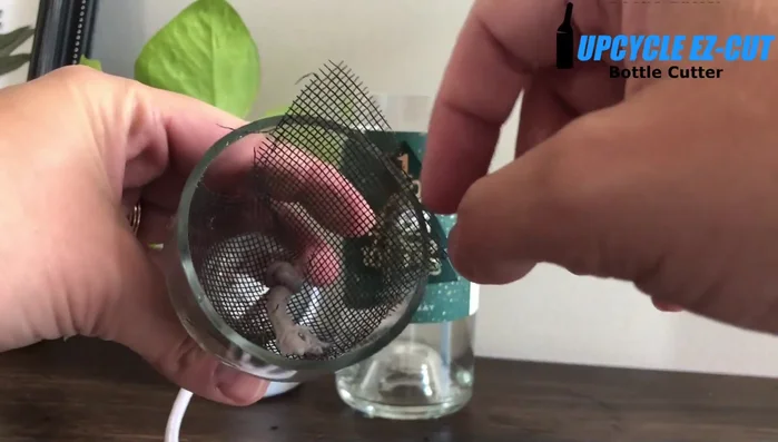 Place the screen over the top of the water reservoir, resting it on the lip of the cut wine bottle.