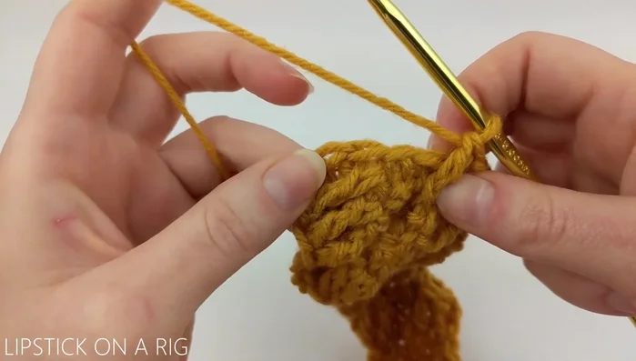 Next row: Skip the slip stitch, slip stitch in the next three stitches (triple crochets from last row). Skip the next three stitches, triple crochet in the next three, then triple crochet in the skipped stitches (working them behind the previous three triple crochets). Repeat.