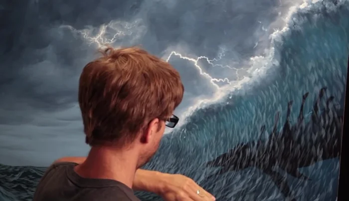 Light and Reflection: Pay attention to how light interacts with the waves, emphasizing the brighter areas where light reflects and adding a glow to the white water.