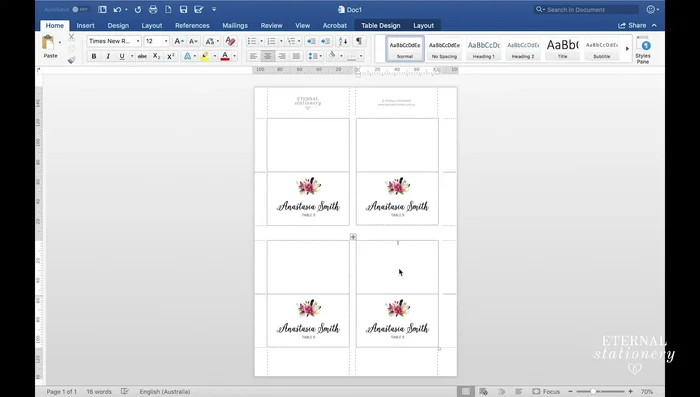 Enter guest names and table numbers. You can do this manually or use mail merge (a tutorial link is provided in the description).
