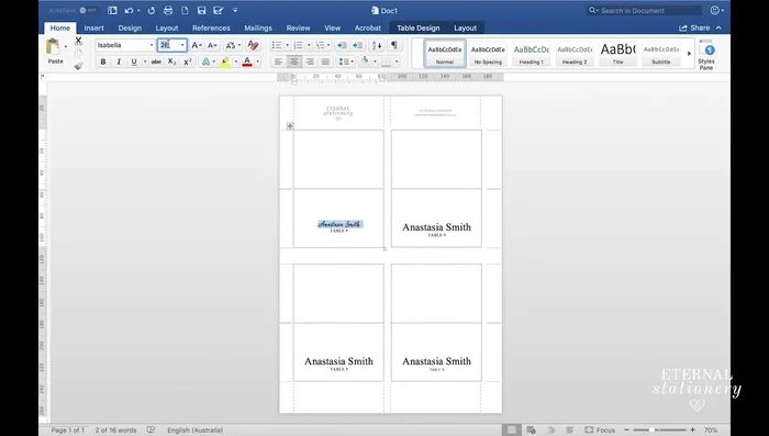 Choose your font. The video suggests Isabella Script and Calibri Light.