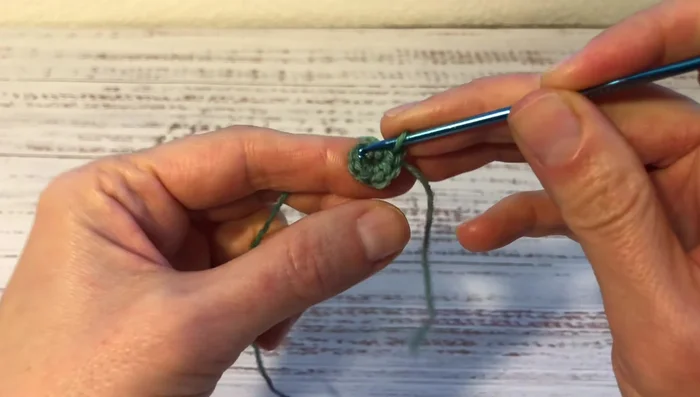 Continue crocheting in the round without joining. In the first stitch of the first round, make two single crochets. Repeat around. (Second round with 12 single crochets)