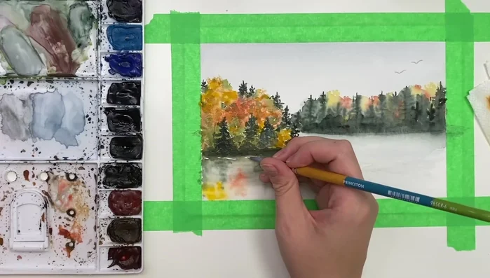 Add highlights: Use white ink to add highlights along the shoreline and in the water.