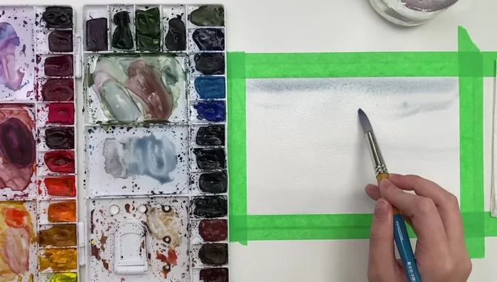 Create a horizon line and sky variation: Add slightly more gray at the top to suggest clouds and a horizon line.