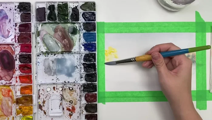 Refine shoreline and add bushes: Add more trees and bushes using various shades of yellow, green, and ochre.