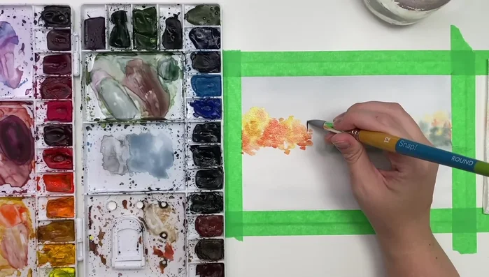 Refine shoreline and add bushes: Add more trees and bushes using various shades of yellow, green, and ochre.