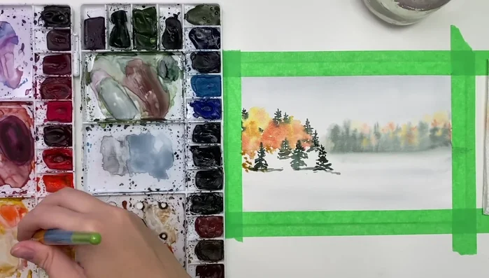 Refine shoreline and add bushes: Add more trees and bushes using various shades of yellow, green, and ochre.