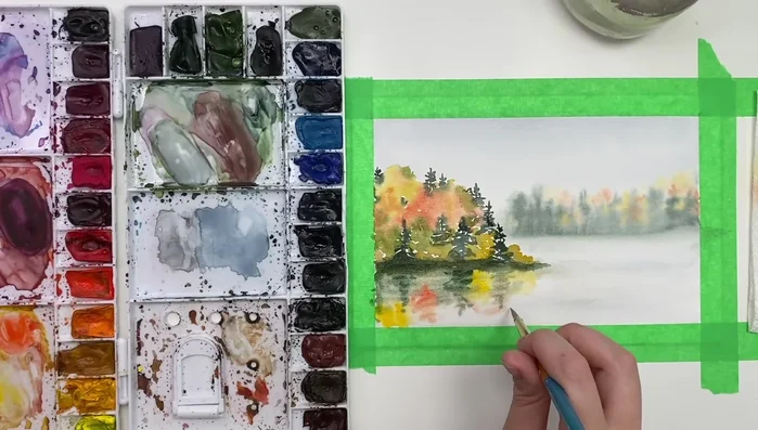 Add water highlights: Use clean water with a smaller brush to create highlights and movement in the water reflection, blending colors as needed.