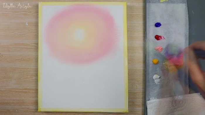 Create a purple-blue color by mixing ultramarine, pink, and a touch of white; use this to paint around the sunrise area and soften the edges.