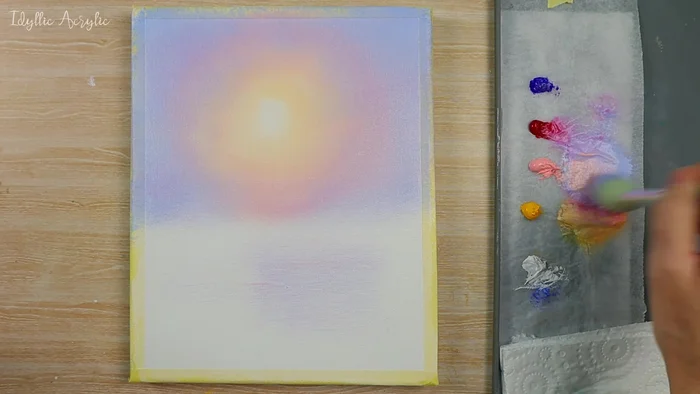 Add the same colors to the bottom half of the canvas to create water reflections.