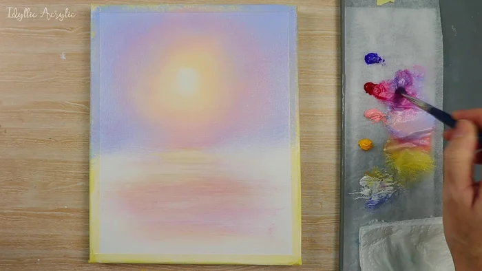 Paint clouds using a medium filbert brush and a mixture of ultramarine, alizarin crimson, and white.