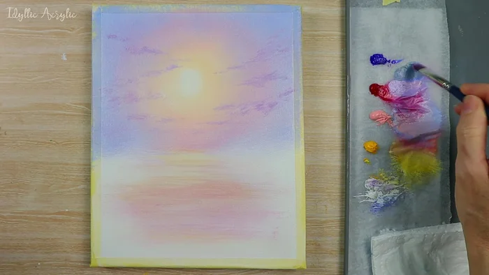 Create darker trees in the foreground using ultramarine, cadmium yellow, and a tiny bit of alizarin crimson. Use the filbert brush to build up silhouettes.