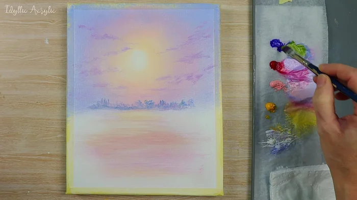 Create darker trees in the foreground using ultramarine, cadmium yellow, and a tiny bit of alizarin crimson. Use the filbert brush to build up silhouettes.