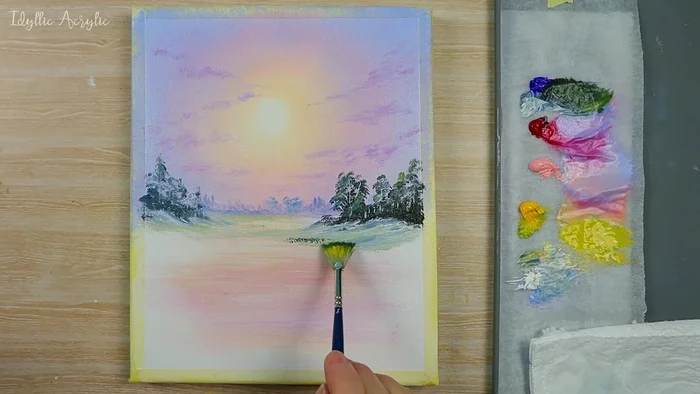 Add distant yellow fields using cadmium yellow deep and white, gradually increasing the intensity of the yellow in the foreground.