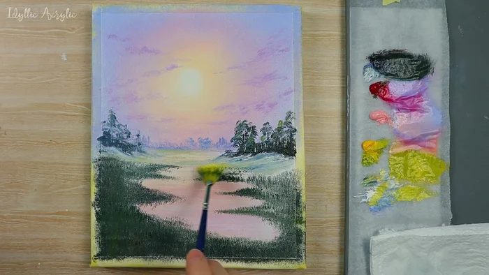 Add distant yellow fields using cadmium yellow deep and white, gradually increasing the intensity of the yellow in the foreground.