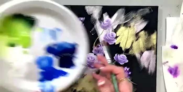 Create leaves using Prussian Blue and Citrus Green. Mix colors to create variations. Use a two-stroke technique for the leaves.