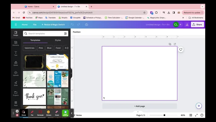 Design your envelope print using a platform like Canva. Set the design size to 5x7 inches to match a standard envelope.