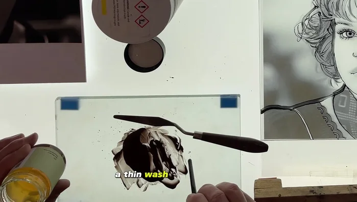 Apply a thin wash of brown paint (diluted with water and gum arabic) with a badger brush, creating a translucent layer for additional shading.