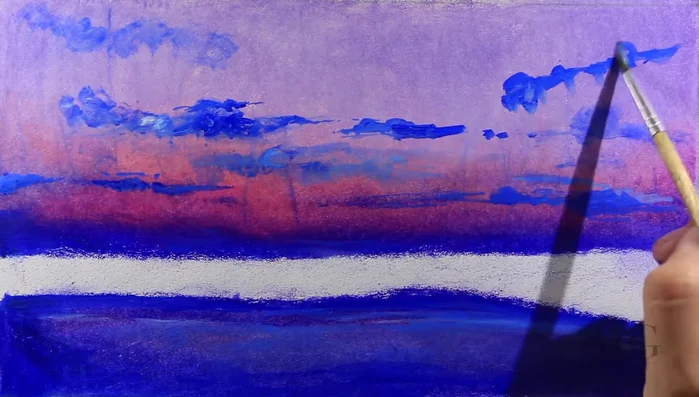 Adjusting and touch-up of clouds. Cover unwanted areas with paint, and blend to achieve a natural look. Apply highlights where light hits the clouds.