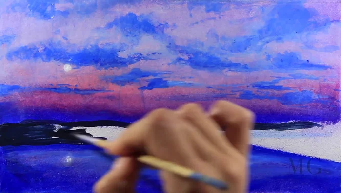 Painting the land by mixing cobalt blue and black. Avoid using black alone; it can be too strong. The mixture creates depth and shadows.