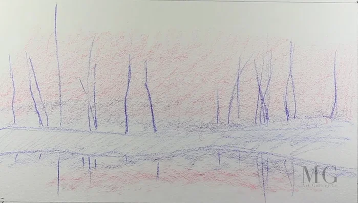 Adding base colors for sky with pink, violet, and white (938) to create soft transitions between colors. This serves as a protective layer for the paper and adds depth.