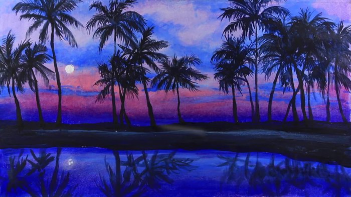 Sketching the landscape elements (palm trees, land, reflection). Keep details minimal; they'll be covered by color later.