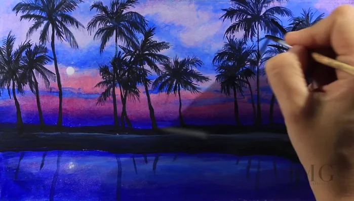 Painting the reflection of the palm trees. Keep it somewhat unfinished and distorted to create a natural look. Use similar colors to the trees but with more transparency and fluidity.