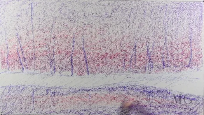 Adding base colors for sky with pink, violet, and white (938) to create soft transitions between colors. This serves as a protective layer for the paper and adds depth.