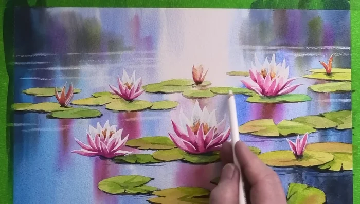 Add final touches and reflections with soft pastels, smudging for a natural look.