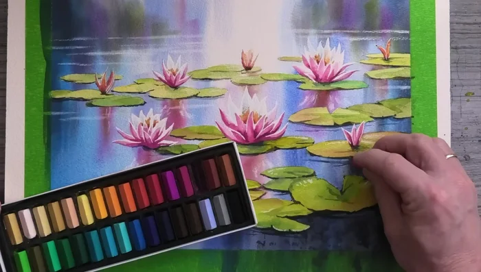 Add final touches and reflections with soft pastels, smudging for a natural look.