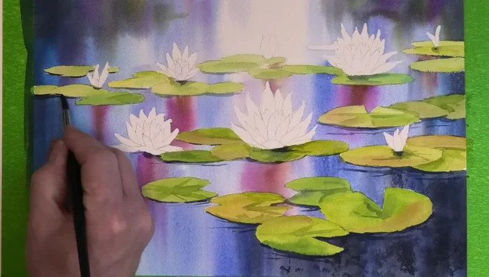 Paint the thickness of the lily pads and their edges with Payne's gray, leaving some gaps.