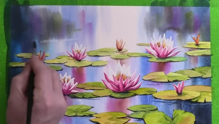 Add highlights to the water using a damp brush and lift out technique with clean tissue.