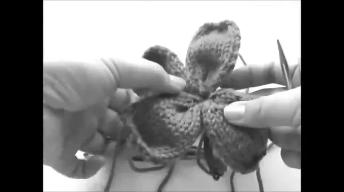 Knit an i-cord for the bud (cast on 4 stitches, knit back and forth on double-pointed needles) until desired length (approx. 2-3 inches). Bind off.