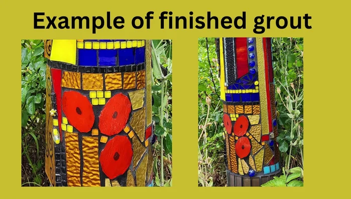 Apply grout to fill the spaces between the mosaic pieces.