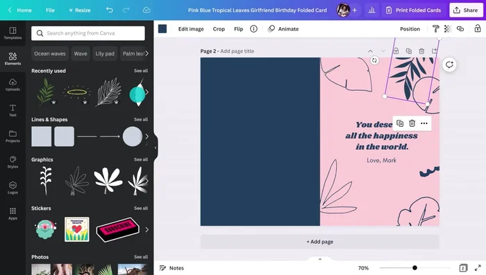 Design the inside: add graphics, change fonts to match the front, leave space for a handwritten message.