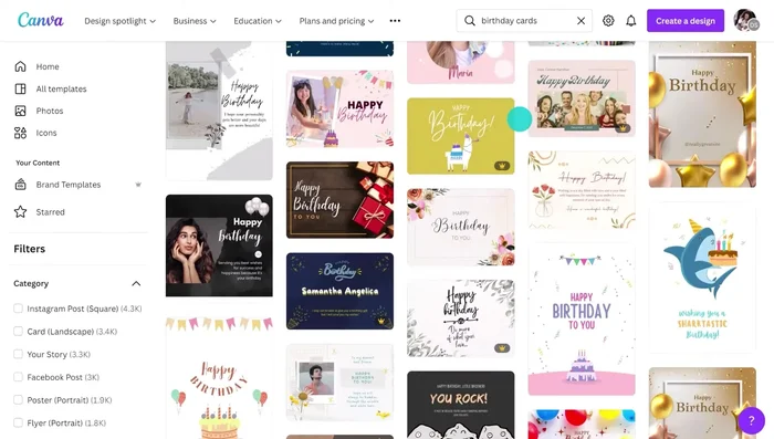 Type 'birthday cards' in Canva's search bar and choose a folded card template.
