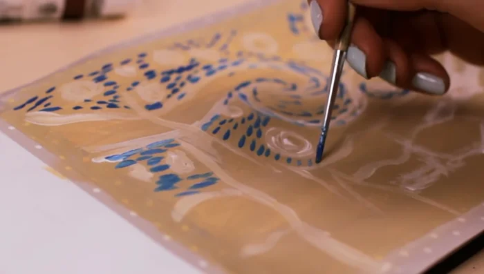 Use a lighter shade of blue for the lower third of the painting, maintaining the short, loose brush strokes.