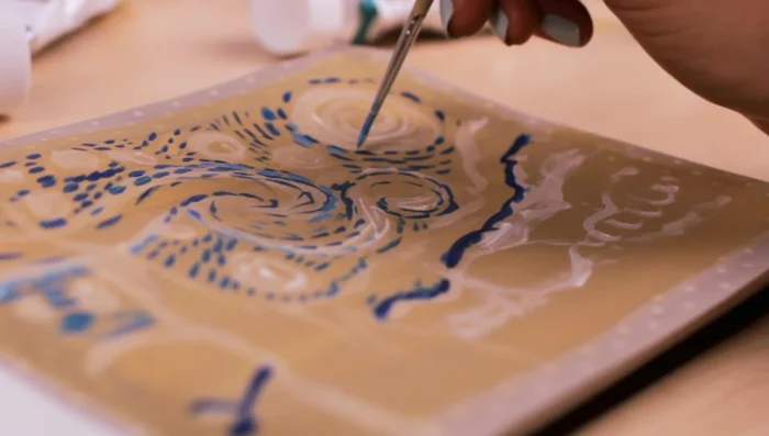 Go back and apply more blue paint, continuing to build layers with short brush strokes. Don’t strive for exact replication; focus on the technique.