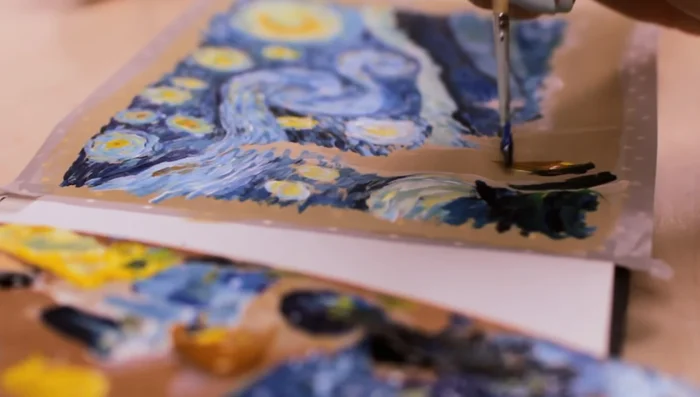 Paint the tree using yellow-green, black, and brown, focusing on the overall shape first before adding texture.