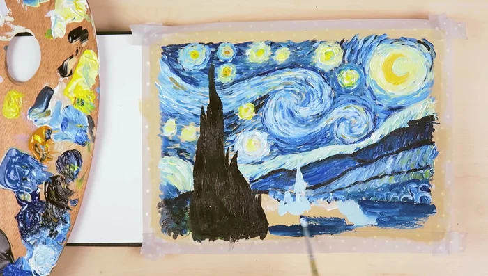 Add color and highlights to the city to create a night-time effect. Continue refining and adjusting the painting.