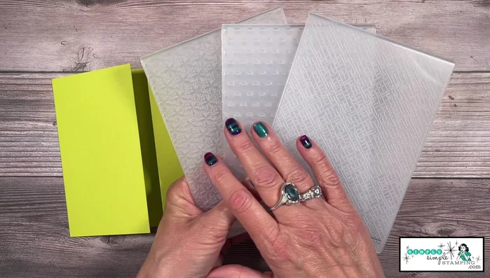 Emboss the card front and flap: Use the Basics 3D embossing folders and a die-cutting machine to emboss both the main cardstock and the 1-inch flap.