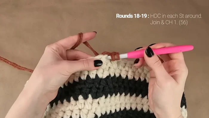 Rounds 18-19: Work hdc in the top two loops with color C.