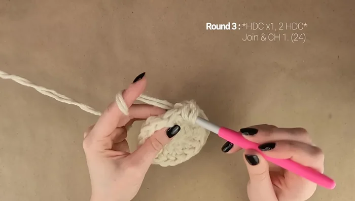 Round 3: *1 hdc, 2 hdc in next stitch*; repeat around (24 stitches total).